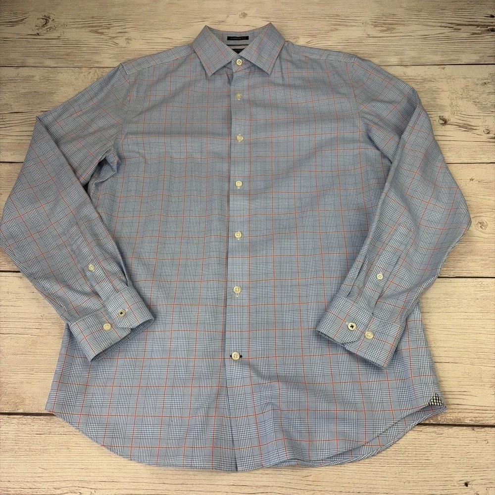 Banana Republic Camden Fit Men's Med Blue Orange Plaid Non Iron Button Up